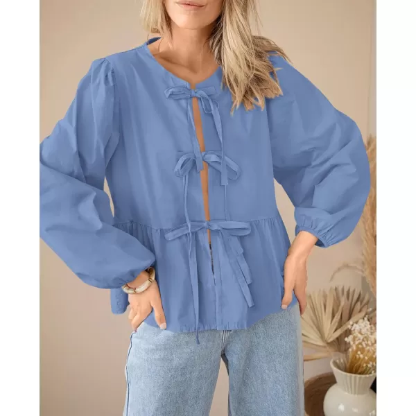 PRETTYGARDEN Womens Babydoll Peplum Blouse Shirt Puff Long Sleeve Bow Tie Front Trendy Cute Y2K Going Out TopsSolid Blue