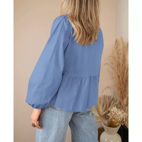 PRETTYGARDEN Womens Babydoll Peplum Blouse Shirt Puff Long Sleeve Bow Tie Front Trendy Cute Y2K Going Out TopsSolid Blue