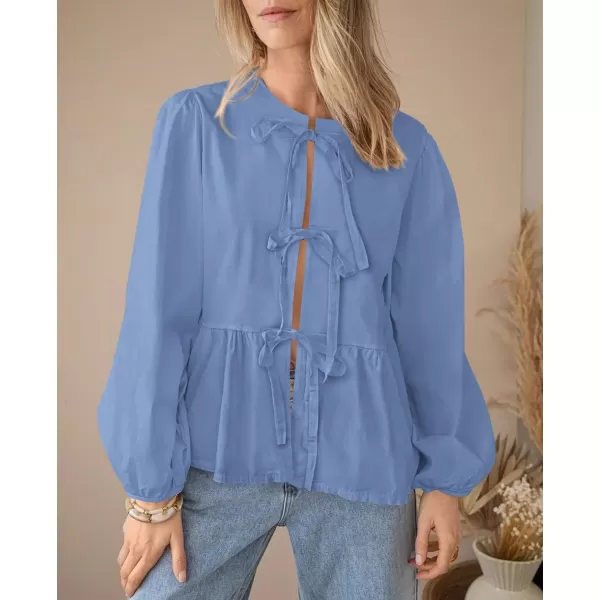 PRETTYGARDEN Womens Babydoll Peplum Blouse Shirt Puff Long Sleeve Bow Tie Front Trendy Cute Y2K Going Out TopsSolid Blue