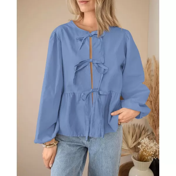 PRETTYGARDEN Womens Babydoll Peplum Blouse Shirt Puff Long Sleeve Bow Tie Front Trendy Cute Y2K Going Out TopsSolid Blue
