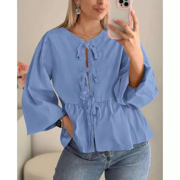 PRETTYGARDEN Womens Babydoll Peplum Blouse Shirt Puff Long Sleeve Bow Tie Front Trendy Cute Y2K Going Out TopsSolid Blue