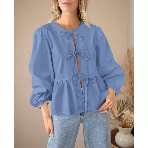 PRETTYGARDEN Womens Babydoll Peplum Blouse Shirt Puff Long Sleeve Bow Tie Front Trendy Cute Y2K Going Out TopsSolid Blue