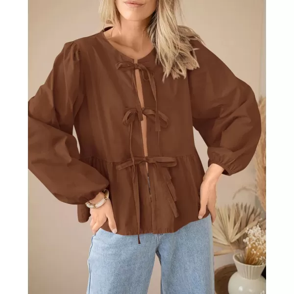 PRETTYGARDEN Womens Babydoll Peplum Blouse Shirt Puff Long Sleeve Bow Tie Front Trendy Cute Y2K Going Out TopsSolid Brown