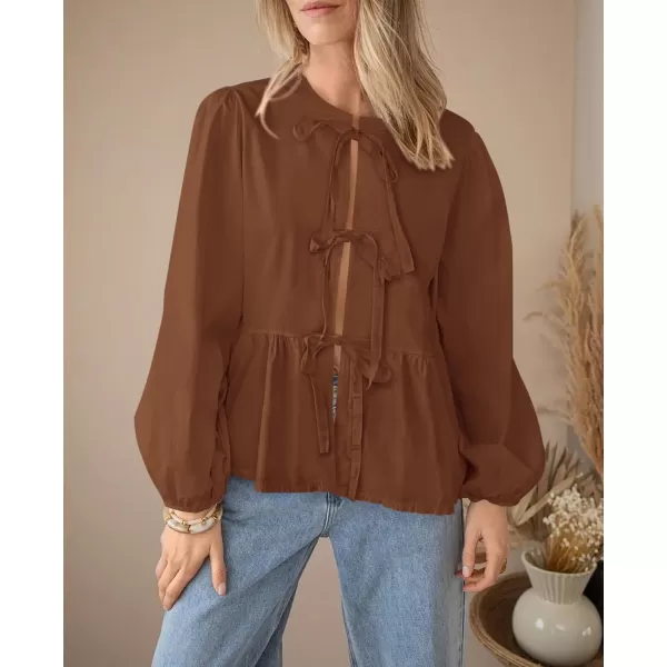 PRETTYGARDEN Womens Babydoll Peplum Blouse Shirt Puff Long Sleeve Bow Tie Front Trendy Cute Y2K Going Out TopsSolid Brown