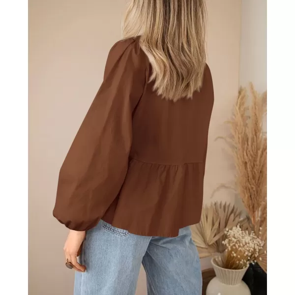 PRETTYGARDEN Womens Babydoll Peplum Blouse Shirt Puff Long Sleeve Bow Tie Front Trendy Cute Y2K Going Out TopsSolid Brown