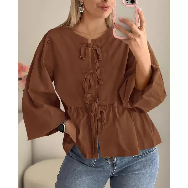 PRETTYGARDEN Womens Babydoll Peplum Blouse Shirt Puff Long Sleeve Bow Tie Front Trendy Cute Y2K Going Out TopsSolid Brown
