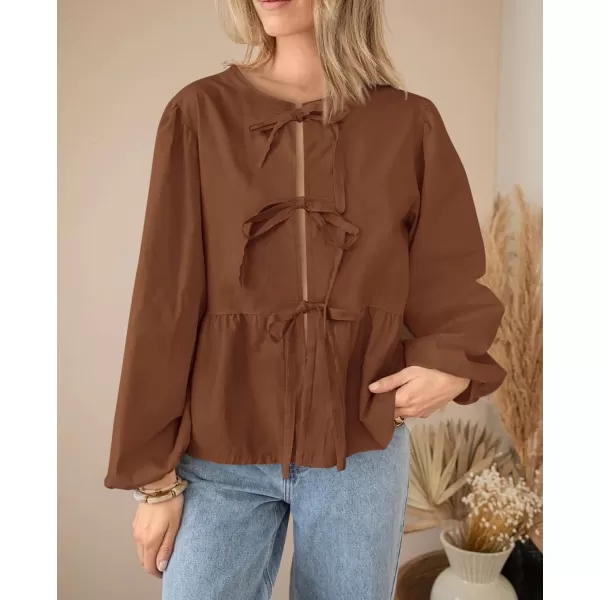 PRETTYGARDEN Womens Babydoll Peplum Blouse Shirt Puff Long Sleeve Bow Tie Front Trendy Cute Y2K Going Out TopsSolid Brown