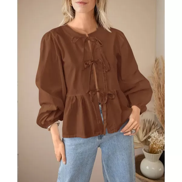 PRETTYGARDEN Womens Babydoll Peplum Blouse Shirt Puff Long Sleeve Bow Tie Front Trendy Cute Y2K Going Out TopsSolid Brown