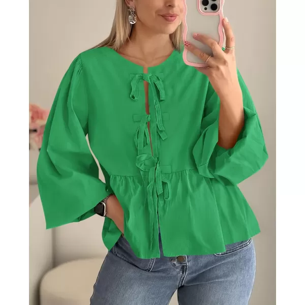 PRETTYGARDEN Womens Babydoll Peplum Blouse Shirt Puff Long Sleeve Bow Tie Front Trendy Cute Y2K Going Out TopsSolid Green