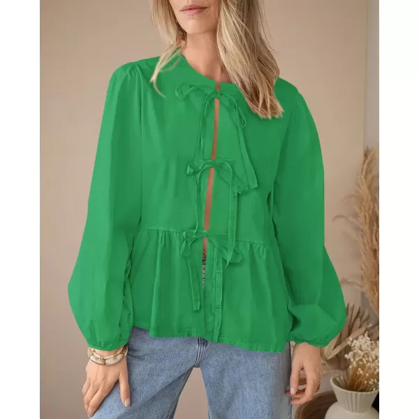 PRETTYGARDEN Womens Babydoll Peplum Blouse Shirt Puff Long Sleeve Bow Tie Front Trendy Cute Y2K Going Out TopsSolid Green