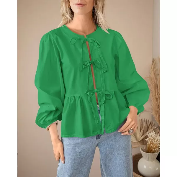 PRETTYGARDEN Womens Babydoll Peplum Blouse Shirt Puff Long Sleeve Bow Tie Front Trendy Cute Y2K Going Out TopsSolid Green