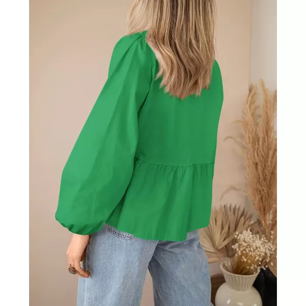 PRETTYGARDEN Womens Babydoll Peplum Blouse Shirt Puff Long Sleeve Bow Tie Front Trendy Cute Y2K Going Out TopsSolid Green