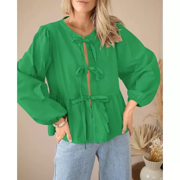 PRETTYGARDEN Womens Babydoll Peplum Blouse Shirt Puff Long Sleeve Bow Tie Front Trendy Cute Y2K Going Out TopsSolid Green