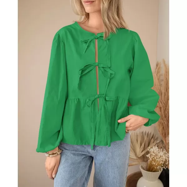 PRETTYGARDEN Womens Babydoll Peplum Blouse Shirt Puff Long Sleeve Bow Tie Front Trendy Cute Y2K Going Out TopsSolid Green