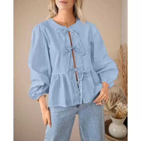 PRETTYGARDEN Womens Babydoll Peplum Blouse Shirt Puff Long Sleeve Bow Tie Front Trendy Cute Y2K Going Out TopsSolid Light Blue