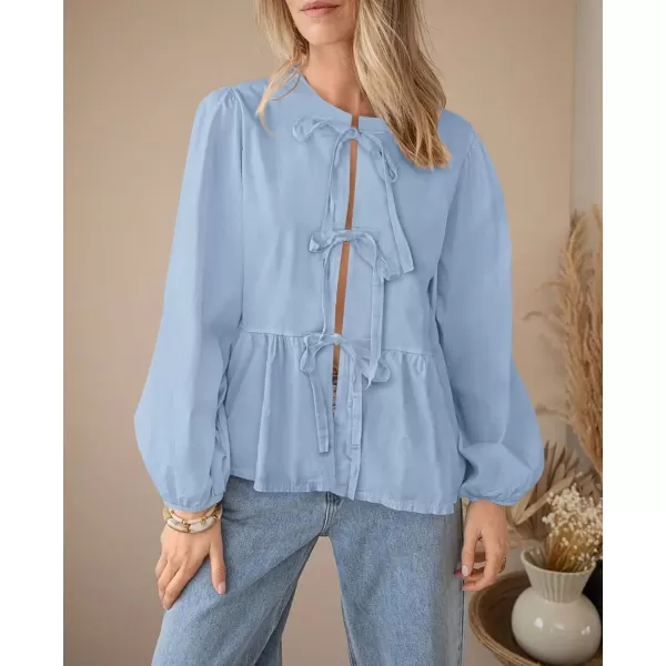 PRETTYGARDEN Womens Babydoll Peplum Blouse Shirt Puff Long Sleeve Bow Tie Front Trendy Cute Y2K Going Out TopsSolid Light Blue