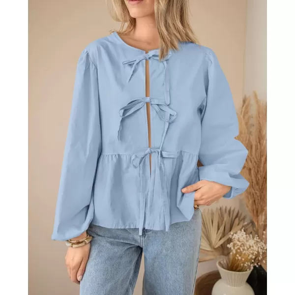 PRETTYGARDEN Womens Babydoll Peplum Blouse Shirt Puff Long Sleeve Bow Tie Front Trendy Cute Y2K Going Out TopsSolid Light Blue