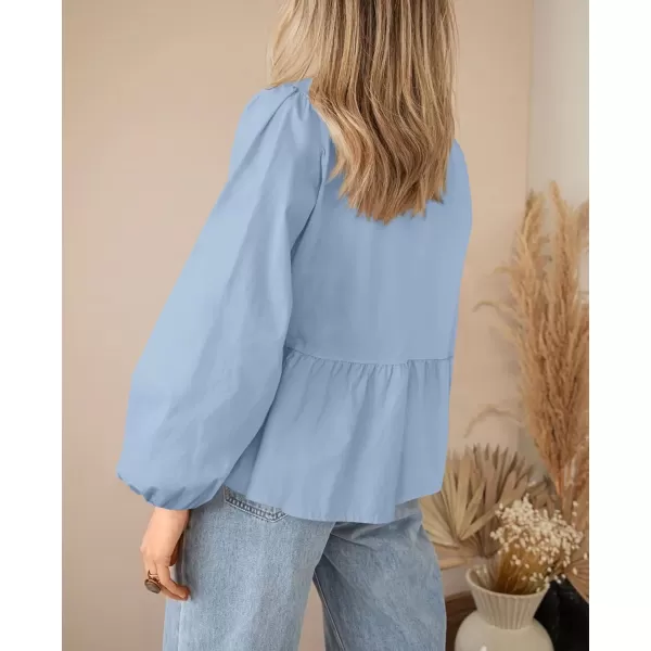 PRETTYGARDEN Womens Babydoll Peplum Blouse Shirt Puff Long Sleeve Bow Tie Front Trendy Cute Y2K Going Out TopsSolid Light Blue