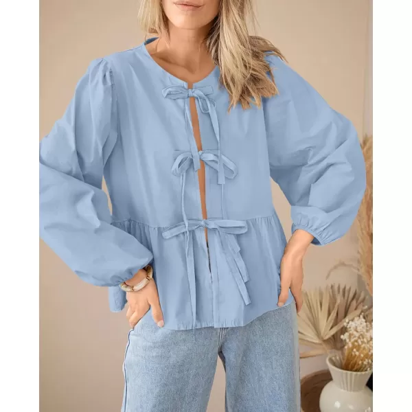 PRETTYGARDEN Womens Babydoll Peplum Blouse Shirt Puff Long Sleeve Bow Tie Front Trendy Cute Y2K Going Out TopsSolid Light Blue