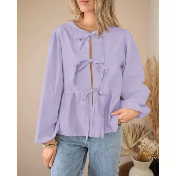 PRETTYGARDEN Womens Babydoll Peplum Blouse Shirt Puff Long Sleeve Bow Tie Front Trendy Cute Y2K Going Out TopsSolid Light Purple