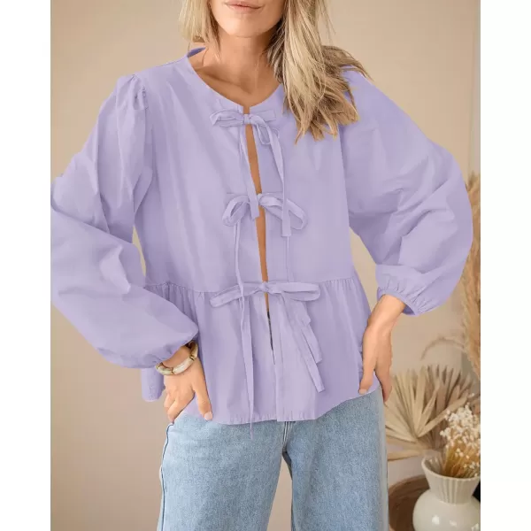 PRETTYGARDEN Womens Babydoll Peplum Blouse Shirt Puff Long Sleeve Bow Tie Front Trendy Cute Y2K Going Out TopsSolid Light Purple
