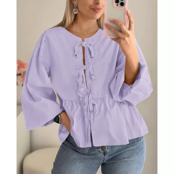 PRETTYGARDEN Womens Babydoll Peplum Blouse Shirt Puff Long Sleeve Bow Tie Front Trendy Cute Y2K Going Out TopsSolid Light Purple