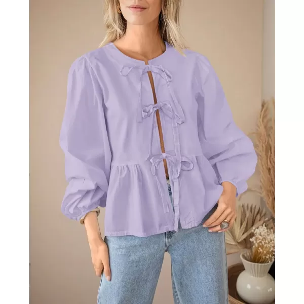 PRETTYGARDEN Womens Babydoll Peplum Blouse Shirt Puff Long Sleeve Bow Tie Front Trendy Cute Y2K Going Out TopsSolid Light Purple