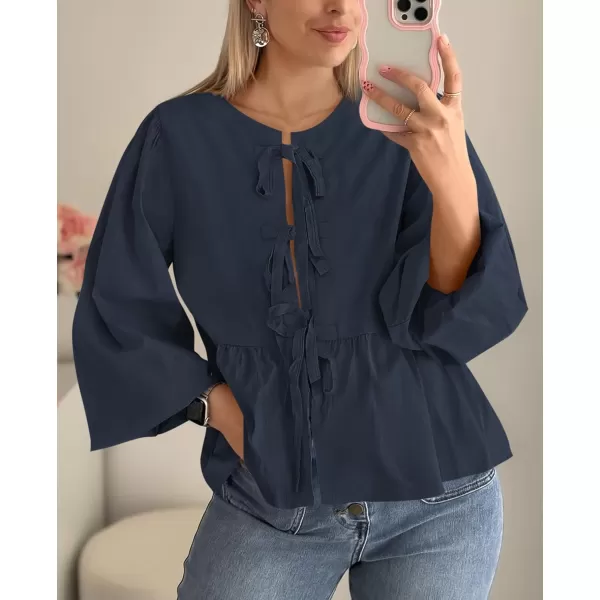 PRETTYGARDEN Womens Babydoll Peplum Blouse Shirt Puff Long Sleeve Bow Tie Front Trendy Cute Y2K Going Out TopsSolid Navy