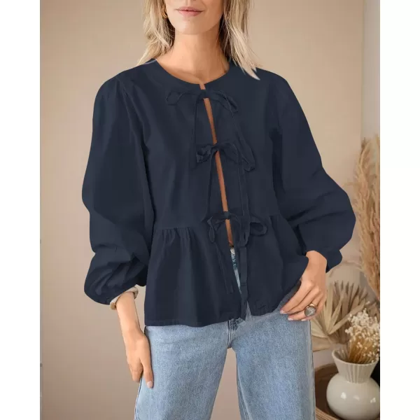 PRETTYGARDEN Womens Babydoll Peplum Blouse Shirt Puff Long Sleeve Bow Tie Front Trendy Cute Y2K Going Out TopsSolid Navy