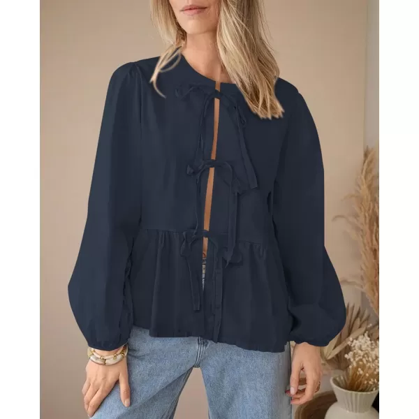 PRETTYGARDEN Womens Babydoll Peplum Blouse Shirt Puff Long Sleeve Bow Tie Front Trendy Cute Y2K Going Out TopsSolid Navy
