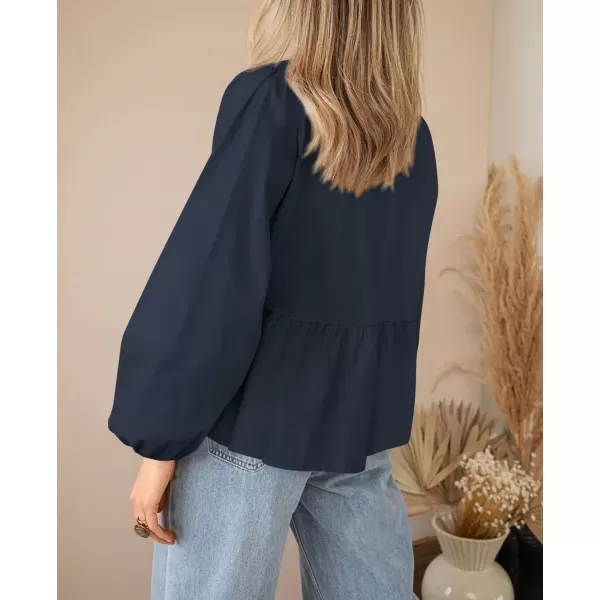 PRETTYGARDEN Womens Babydoll Peplum Blouse Shirt Puff Long Sleeve Bow Tie Front Trendy Cute Y2K Going Out TopsSolid Navy