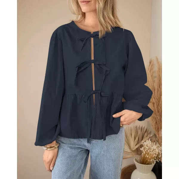 PRETTYGARDEN Womens Babydoll Peplum Blouse Shirt Puff Long Sleeve Bow Tie Front Trendy Cute Y2K Going Out TopsSolid Navy