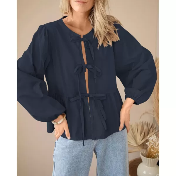PRETTYGARDEN Womens Babydoll Peplum Blouse Shirt Puff Long Sleeve Bow Tie Front Trendy Cute Y2K Going Out TopsSolid Navy