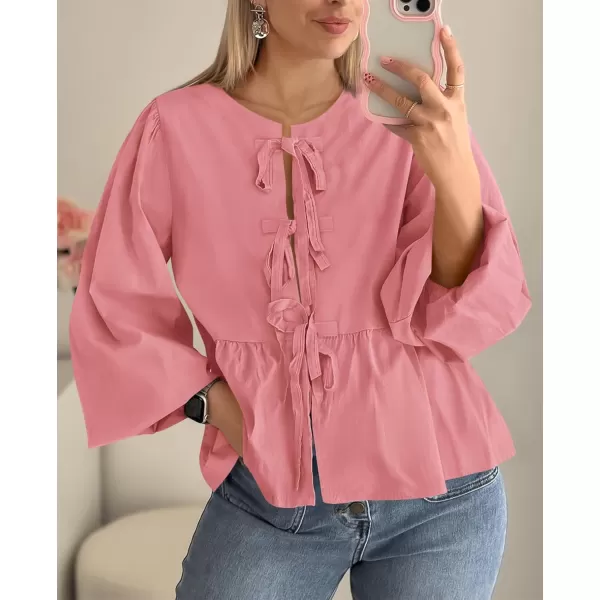 PRETTYGARDEN Womens Babydoll Peplum Blouse Shirt Puff Long Sleeve Bow Tie Front Trendy Cute Y2K Going Out TopsSolid Pink