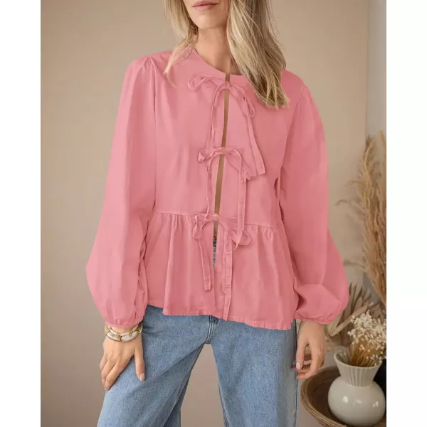 PRETTYGARDEN Womens Babydoll Peplum Blouse Shirt Puff Long Sleeve Bow Tie Front Trendy Cute Y2K Going Out TopsSolid Pink