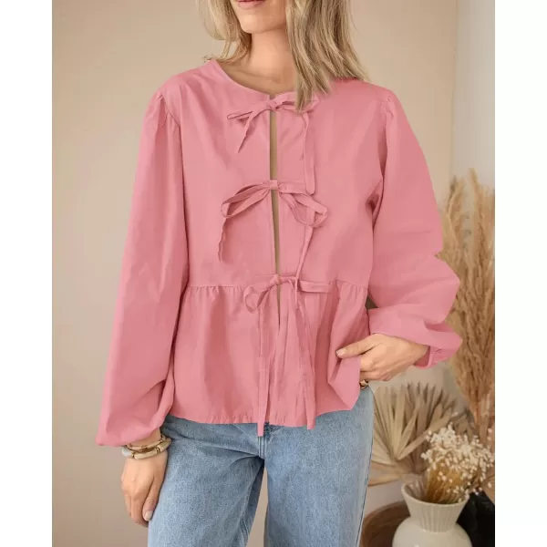 PRETTYGARDEN Womens Babydoll Peplum Blouse Shirt Puff Long Sleeve Bow Tie Front Trendy Cute Y2K Going Out TopsSolid Pink