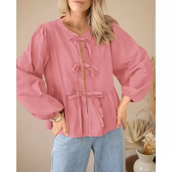 PRETTYGARDEN Womens Babydoll Peplum Blouse Shirt Puff Long Sleeve Bow Tie Front Trendy Cute Y2K Going Out TopsSolid Pink
