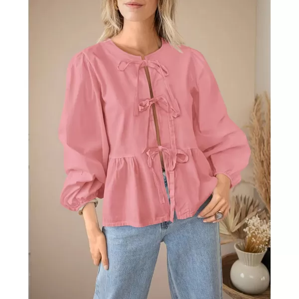 PRETTYGARDEN Womens Babydoll Peplum Blouse Shirt Puff Long Sleeve Bow Tie Front Trendy Cute Y2K Going Out TopsSolid Pink