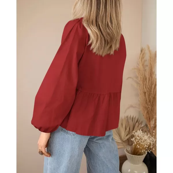 PRETTYGARDEN Womens Babydoll Peplum Blouse Shirt Puff Long Sleeve Bow Tie Front Trendy Cute Y2K Going Out TopsSolid Red