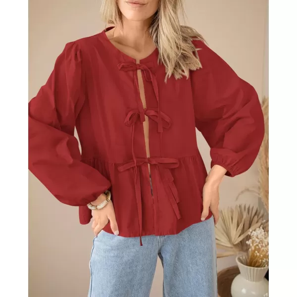 PRETTYGARDEN Womens Babydoll Peplum Blouse Shirt Puff Long Sleeve Bow Tie Front Trendy Cute Y2K Going Out TopsSolid Red
