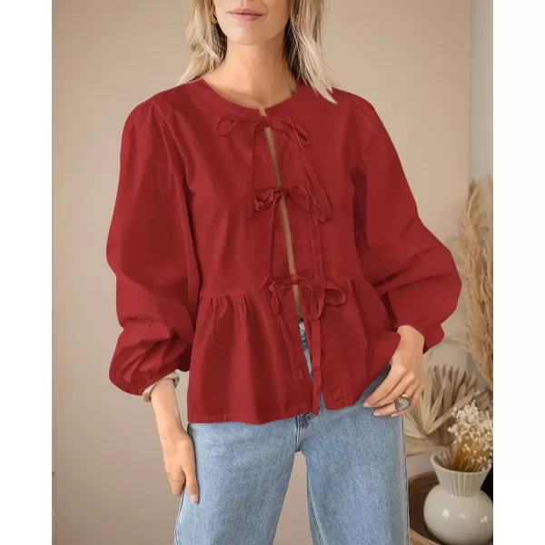 PRETTYGARDEN Womens Babydoll Peplum Blouse Shirt Puff Long Sleeve Bow Tie Front Trendy Cute Y2K Going Out TopsSolid Red