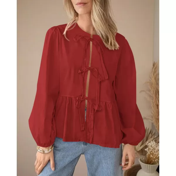 PRETTYGARDEN Womens Babydoll Peplum Blouse Shirt Puff Long Sleeve Bow Tie Front Trendy Cute Y2K Going Out TopsSolid Red