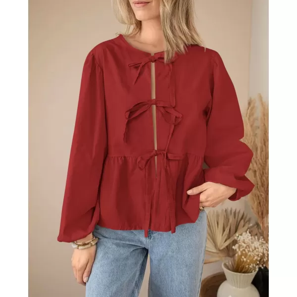 PRETTYGARDEN Womens Babydoll Peplum Blouse Shirt Puff Long Sleeve Bow Tie Front Trendy Cute Y2K Going Out TopsSolid Red