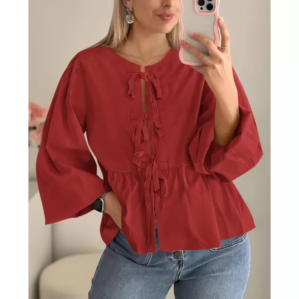 PRETTYGARDEN Womens Babydoll Peplum Blouse Shirt Puff Long Sleeve Bow Tie Front Trendy Cute Y2K Going Out TopsSolid Red