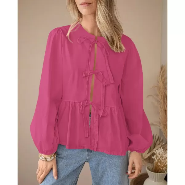 PRETTYGARDEN Womens Babydoll Peplum Blouse Shirt Puff Long Sleeve Bow Tie Front Trendy Cute Y2K Going Out TopsSolid Rose Red