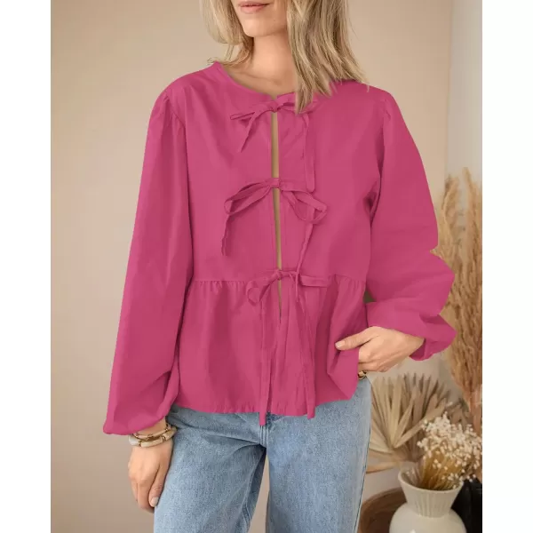 PRETTYGARDEN Womens Babydoll Peplum Blouse Shirt Puff Long Sleeve Bow Tie Front Trendy Cute Y2K Going Out TopsSolid Rose Red