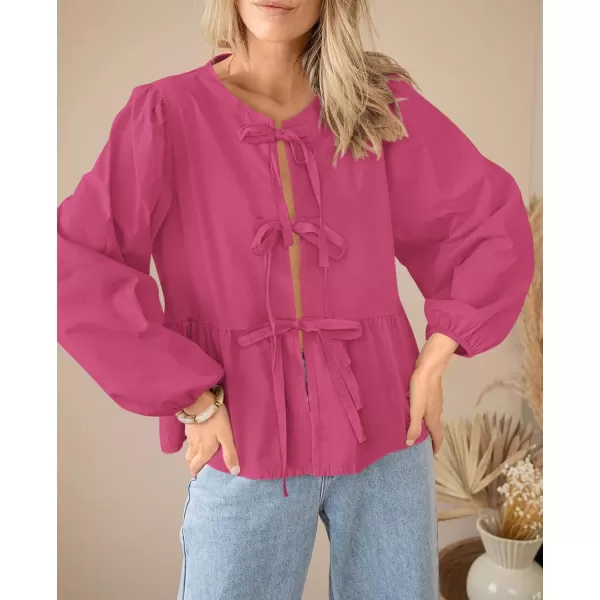 PRETTYGARDEN Womens Babydoll Peplum Blouse Shirt Puff Long Sleeve Bow Tie Front Trendy Cute Y2K Going Out TopsSolid Rose Red