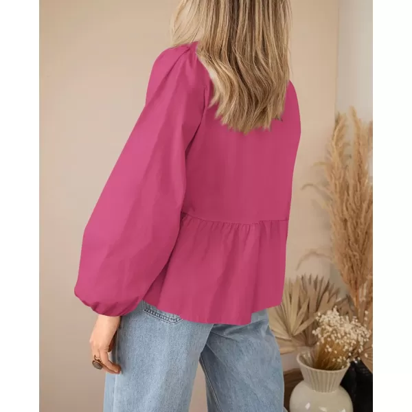 PRETTYGARDEN Womens Babydoll Peplum Blouse Shirt Puff Long Sleeve Bow Tie Front Trendy Cute Y2K Going Out TopsSolid Rose Red
