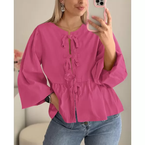 PRETTYGARDEN Womens Babydoll Peplum Blouse Shirt Puff Long Sleeve Bow Tie Front Trendy Cute Y2K Going Out TopsSolid Rose Red