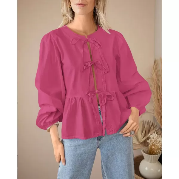 PRETTYGARDEN Womens Babydoll Peplum Blouse Shirt Puff Long Sleeve Bow Tie Front Trendy Cute Y2K Going Out TopsSolid Rose Red